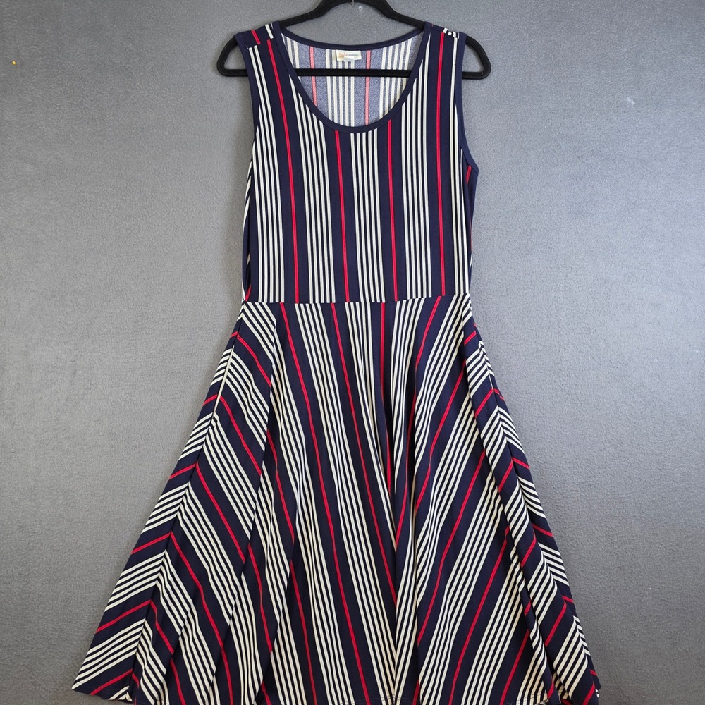 LuLaRoe Amelia Dress Large Navy Blue Red White Stripe Sleeveless Pocket Nautical